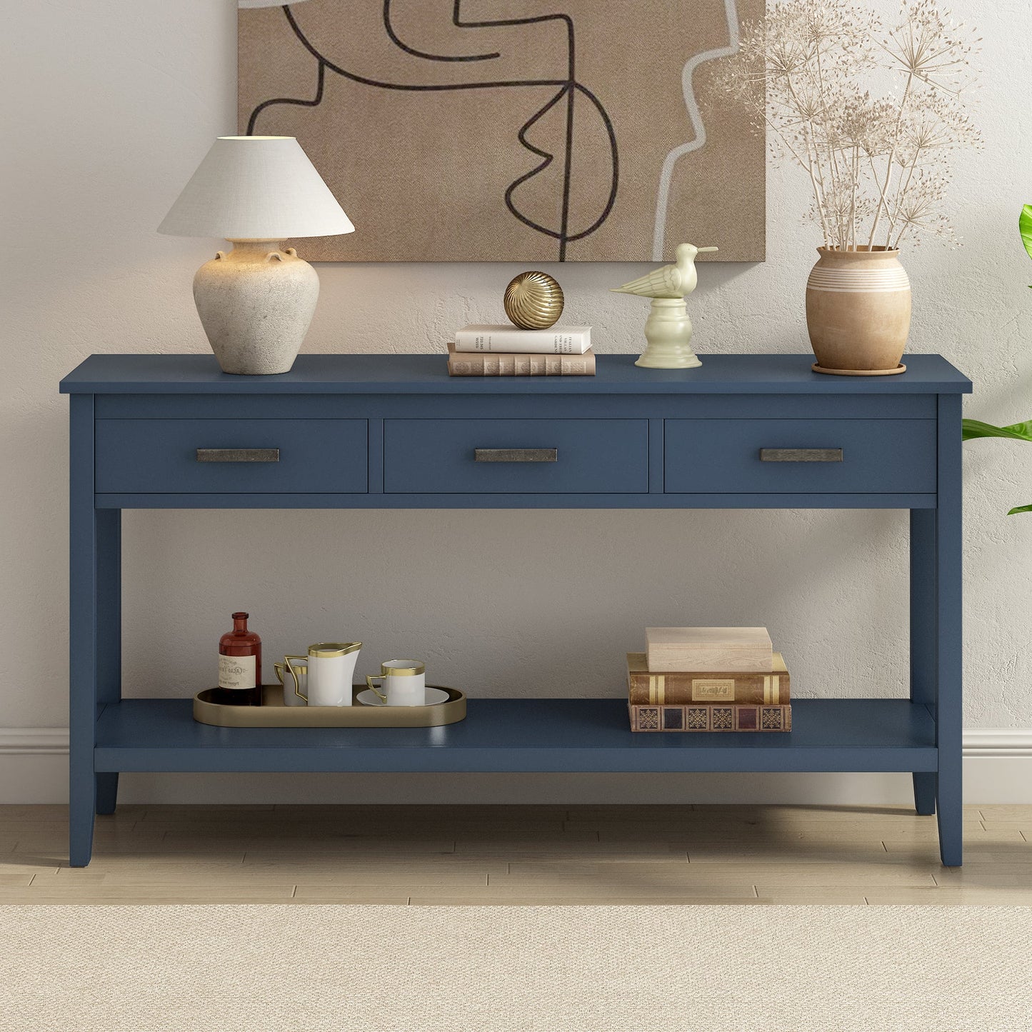 Contemporary Navy Blue 3-Drawer Console Table with Shelf – Entrance Table