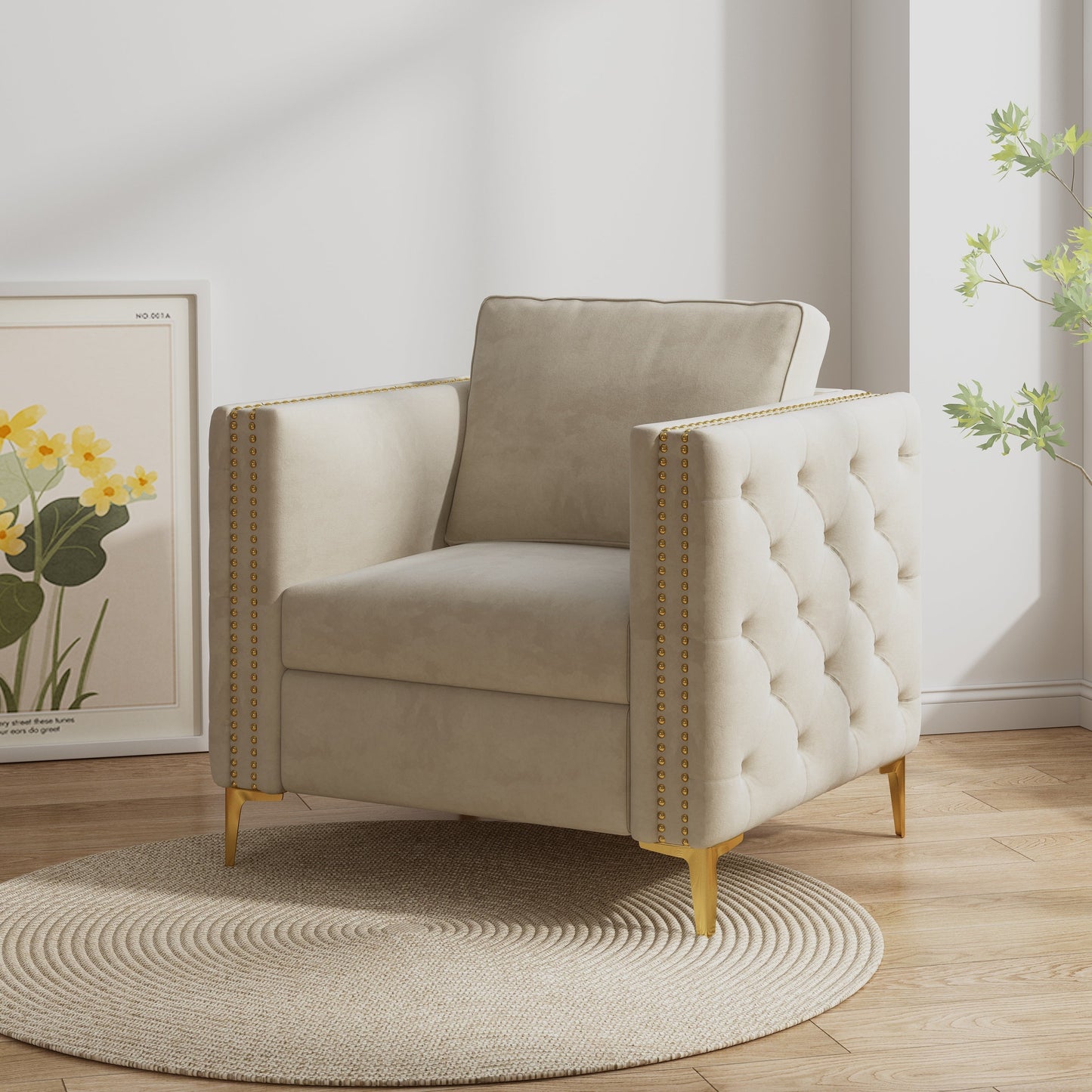 Upholstered Accent Chair with Metal Legs – Beige Velvet Armchair