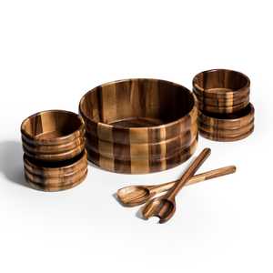 7-Piece Acacia Wood Salad Bowl Set with Serving Utensils and Individual Bowls