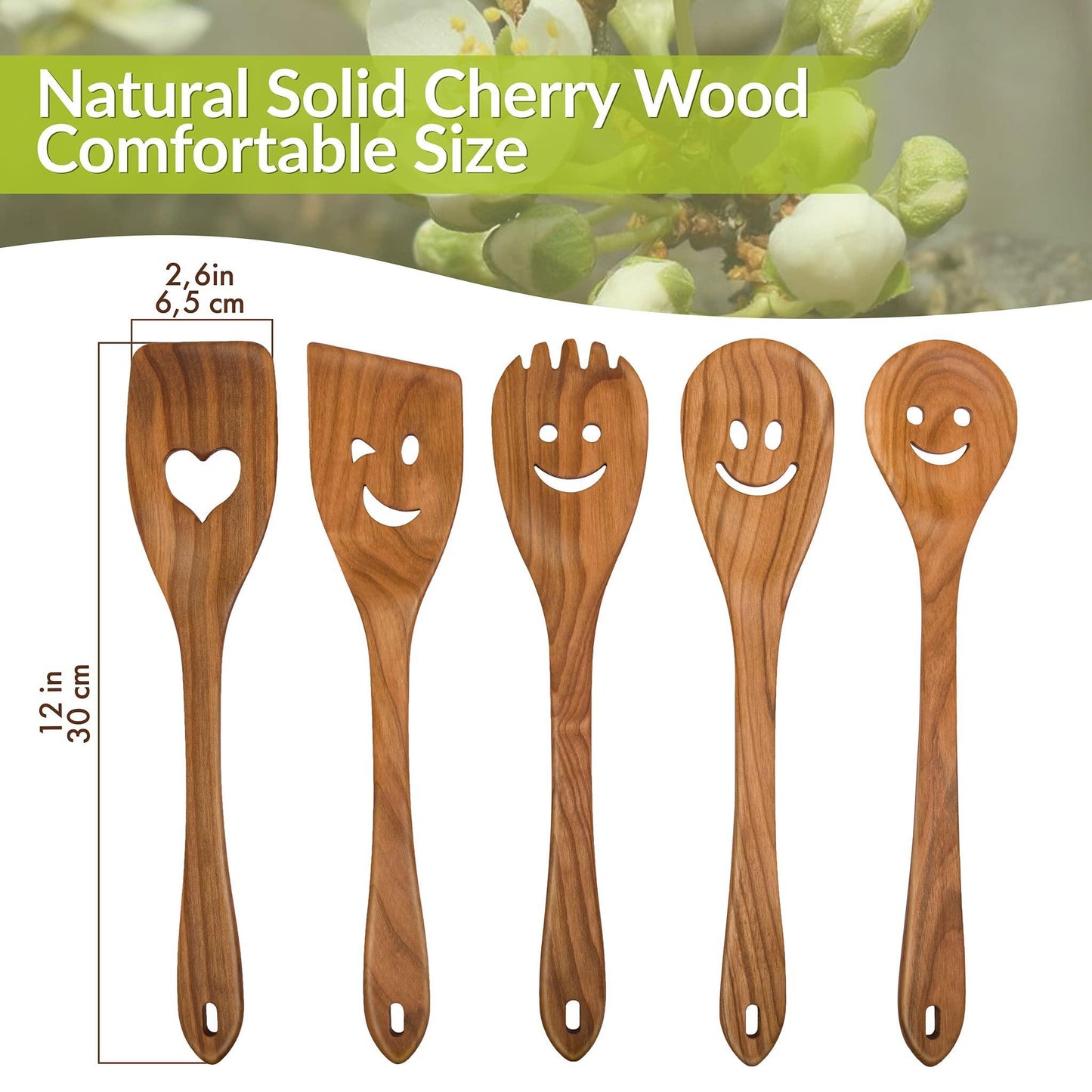 Solid Cherry Wood Spatula & Spurtle Set – 5-Piece Wooden Cooking Utensil Set