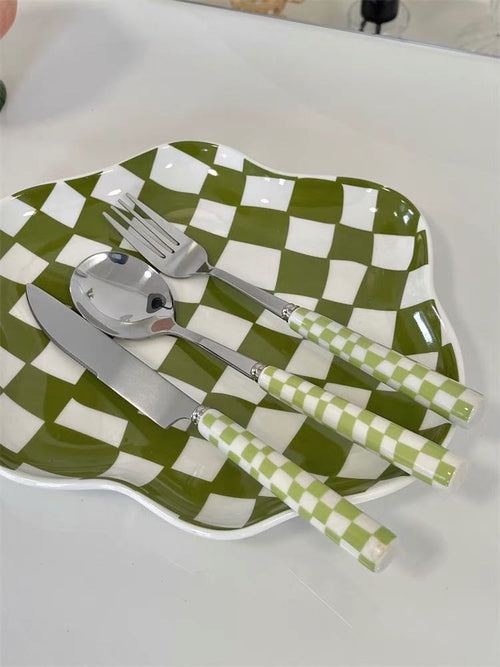 6-Pack Modern Checkered Flatware Set – Stainless Steel & Vibrant Handles