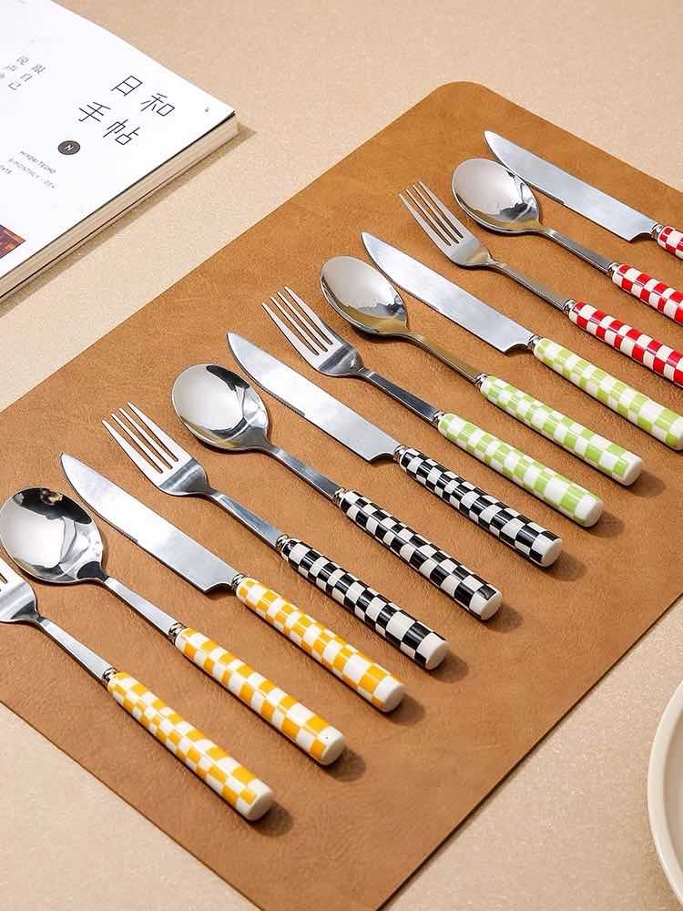 6-Pack Modern Checkered Flatware Set – Stainless Steel & Vibrant Handles