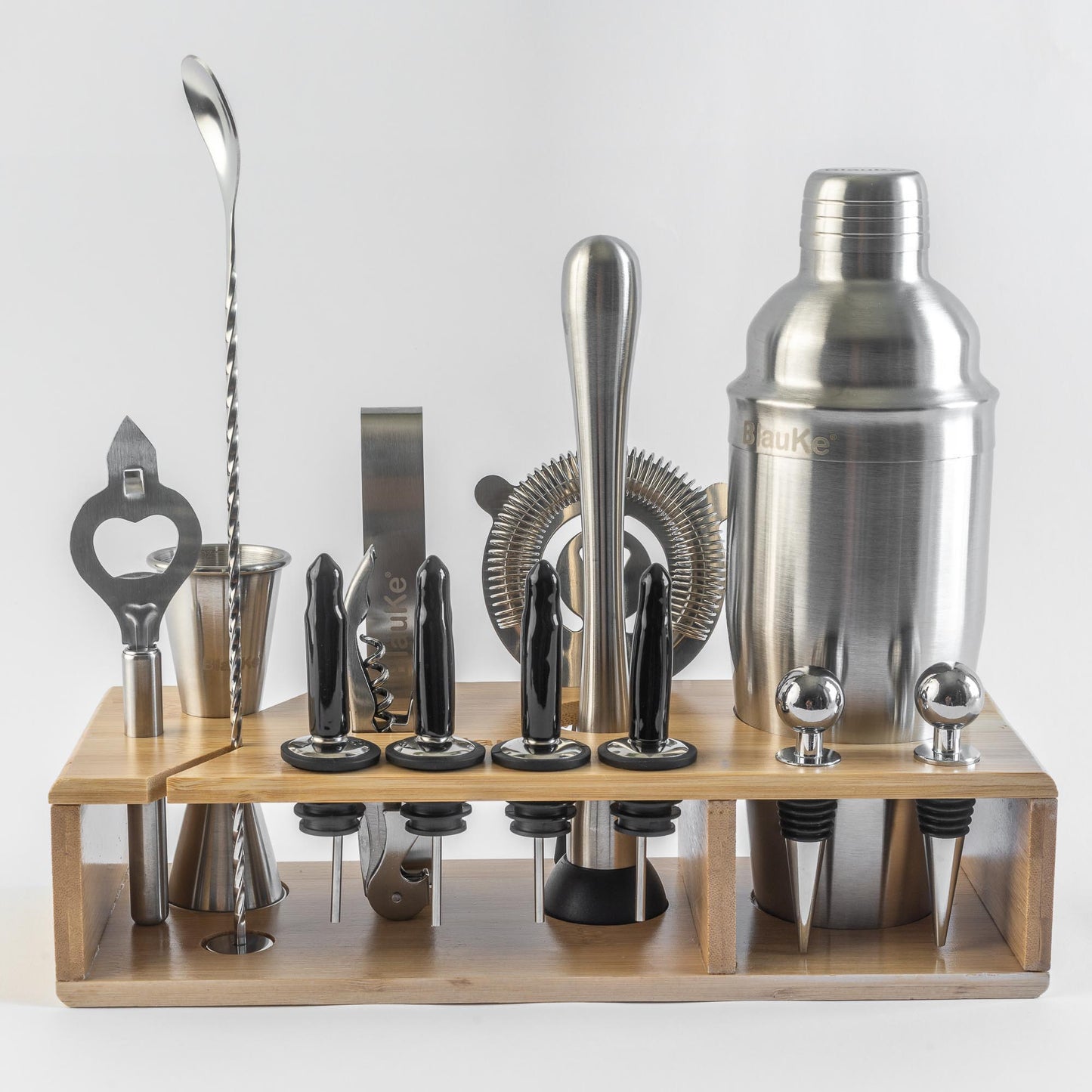 17-Piece Stainless Steel Cocktail Shaker Set with Bamboo Stand