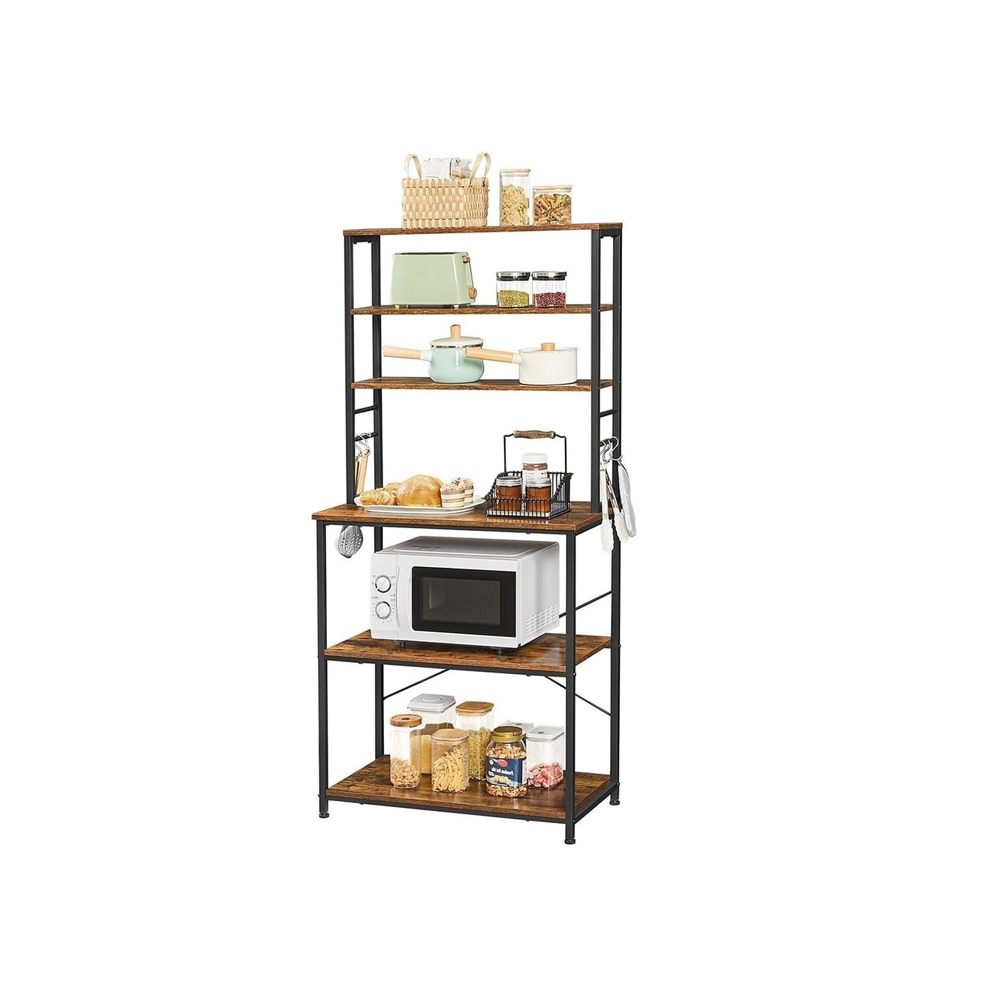 Farmhouse 6-Tier Industrial Kitchen Baker’s Rack with Hooks