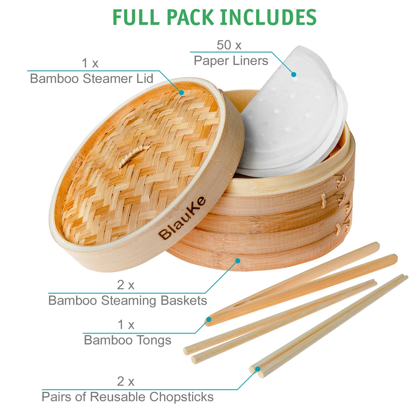 2-Tier Bamboo Steamer for Cooking Dumplings, Vegetables, Meat, and Fish