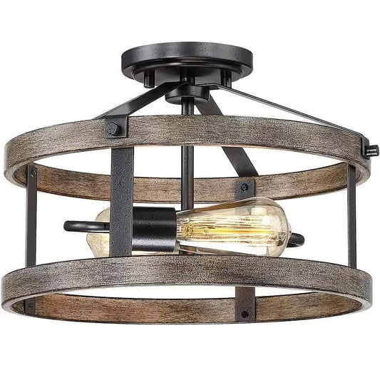 Round 13-inch Metal Wood Farmhouse 2-Light Ceiling Lamp - Semi-Flush