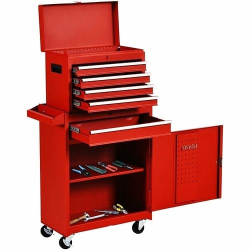 Red Heavy Duty Steel Lockable Rolling Tool Chest – Mobile Garage Storage with 5 Drawers and 2 Trays