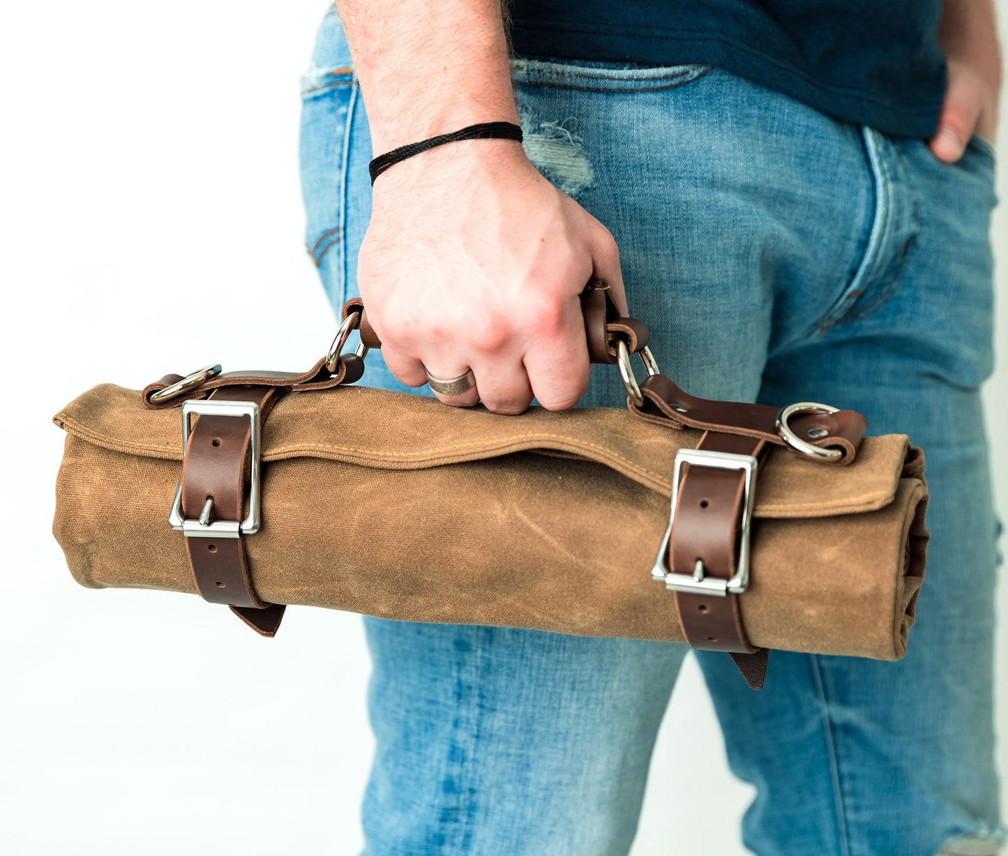 Waxed Canvas Tool Roll with Leather Accents – Compact and Durable