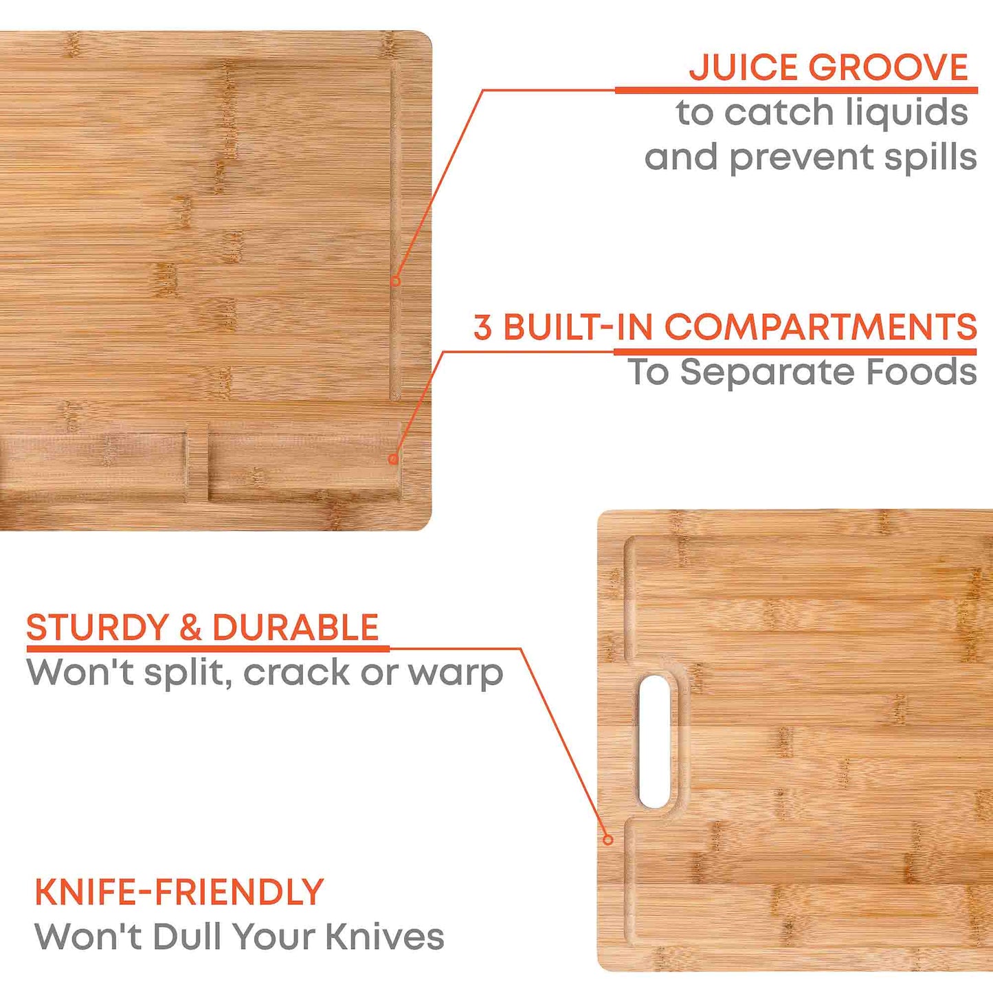 Extra Large Bamboo Cutting Board with Juice Groove and Compartments – 17x12.5 Inch