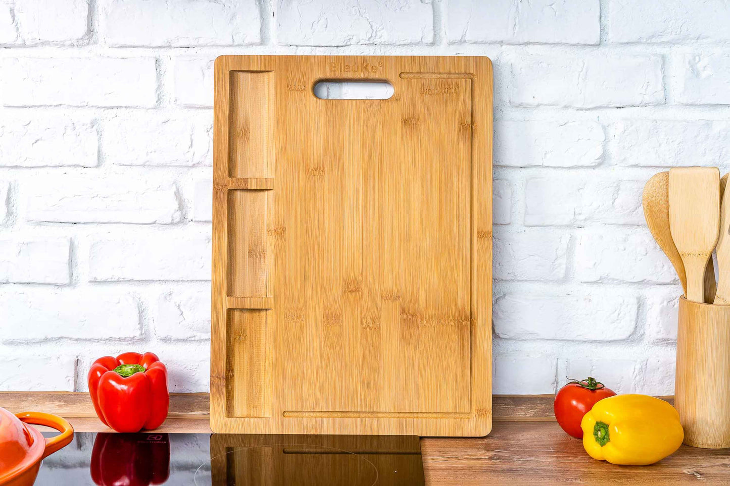 Extra Large Bamboo Cutting Board with Juice Groove and Compartments – 17x12.5 Inch