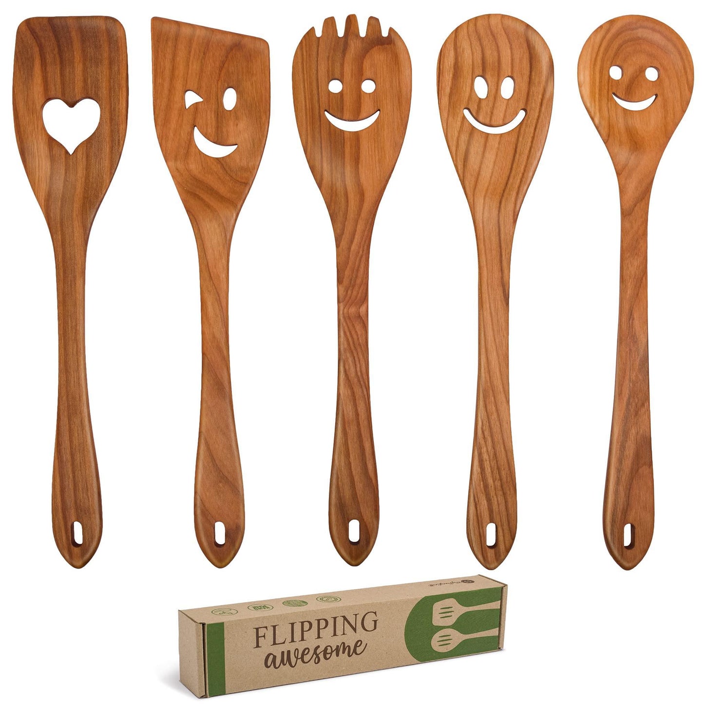 Solid Cherry Wood Spatula & Spurtle Set – 5-Piece Wooden Cooking Utensil Set