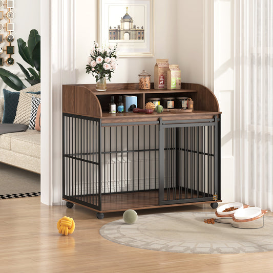 44-Inch Heavy-Duty Large Dog Crate Furniture with Sliding Door and Storage